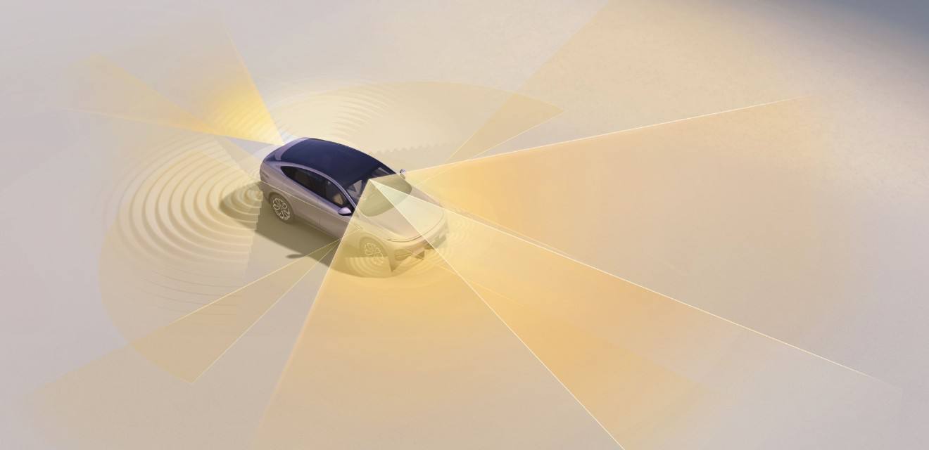 XPENG G6 set ovenfra med illustrerede dækningszoner for kameraer og radar