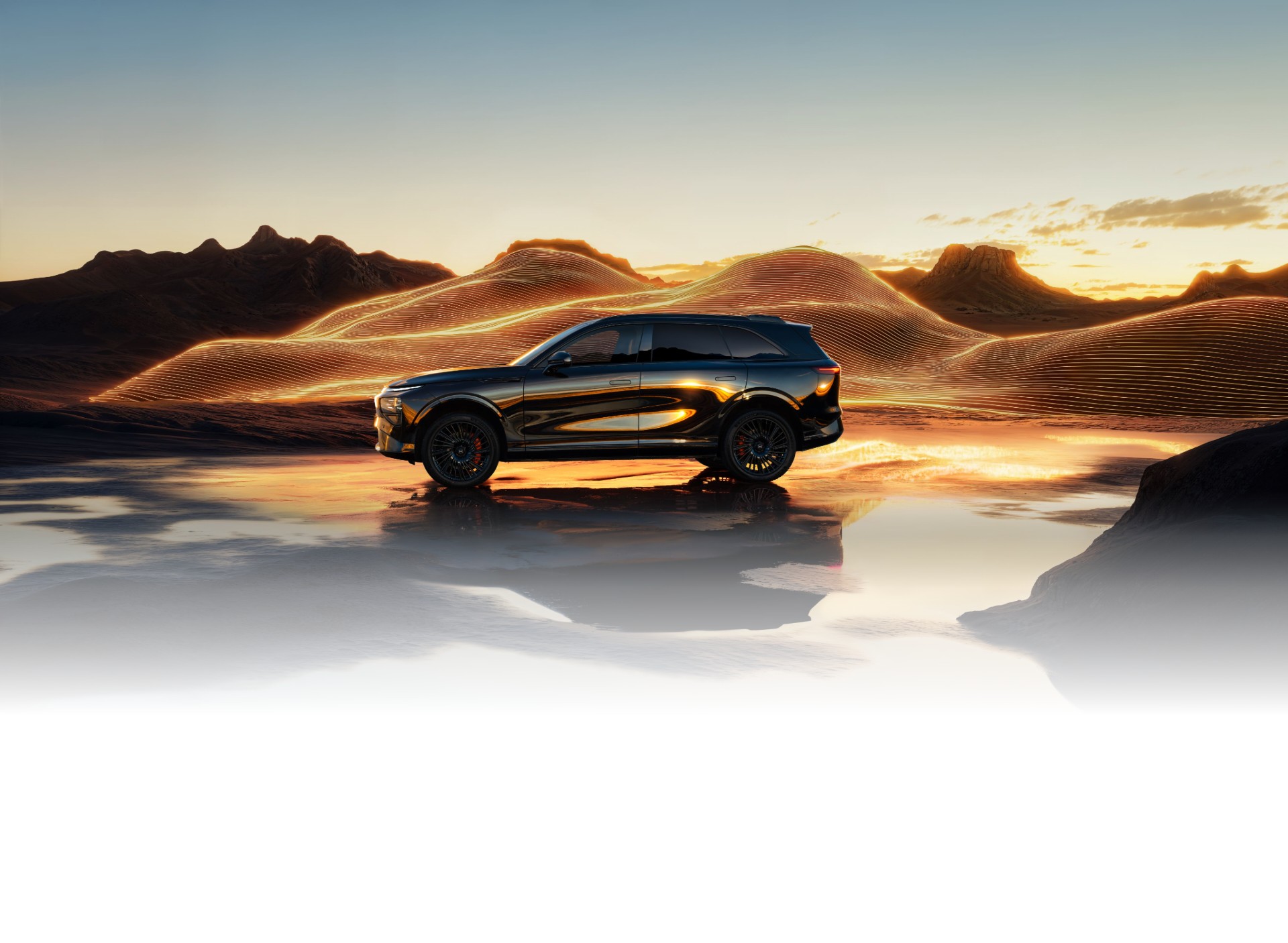 XPENG G9 side profile in a desert landscape