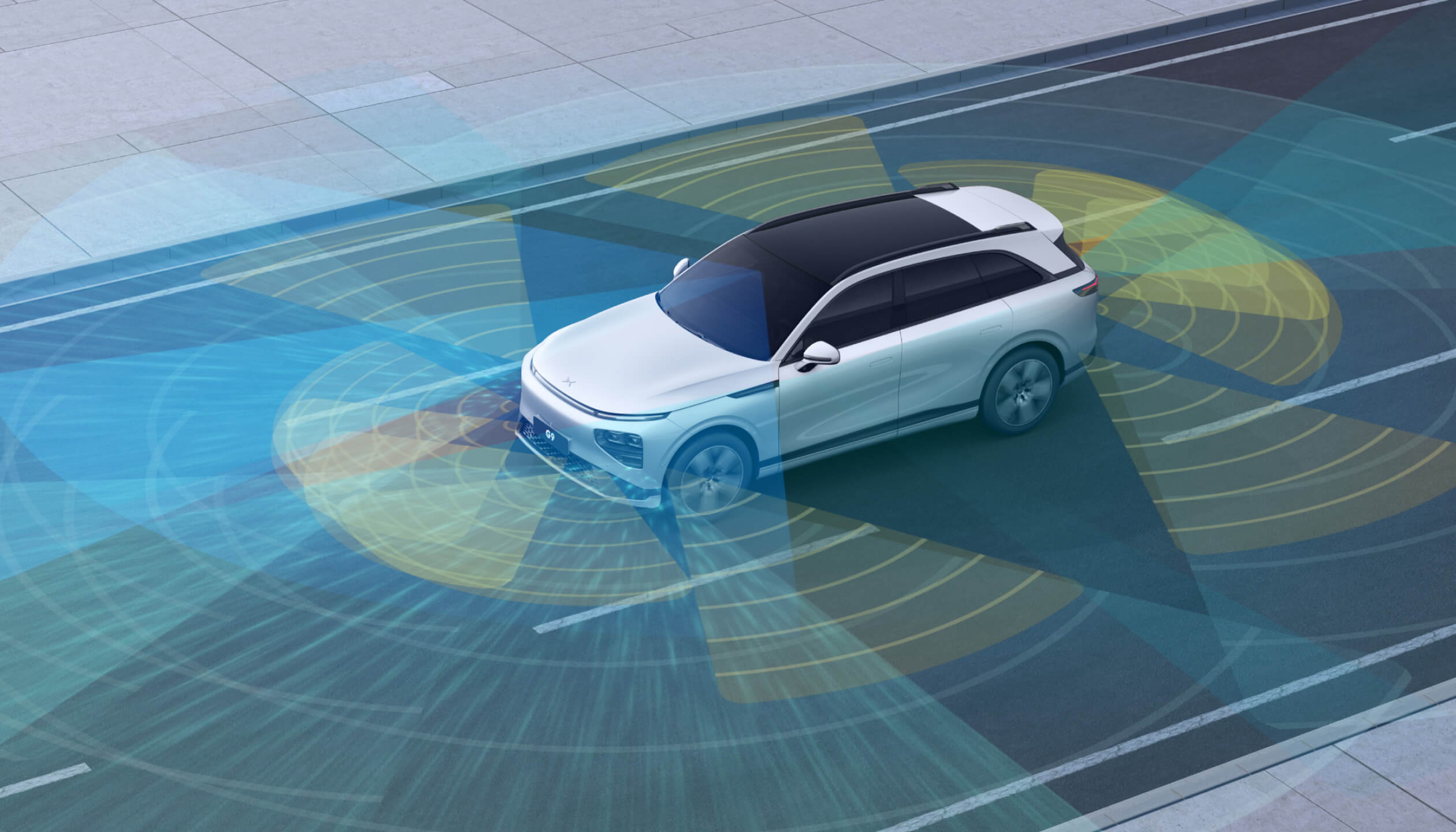 XPENG G9 seen from above with radar and camera coverage zones drawn around the whole car