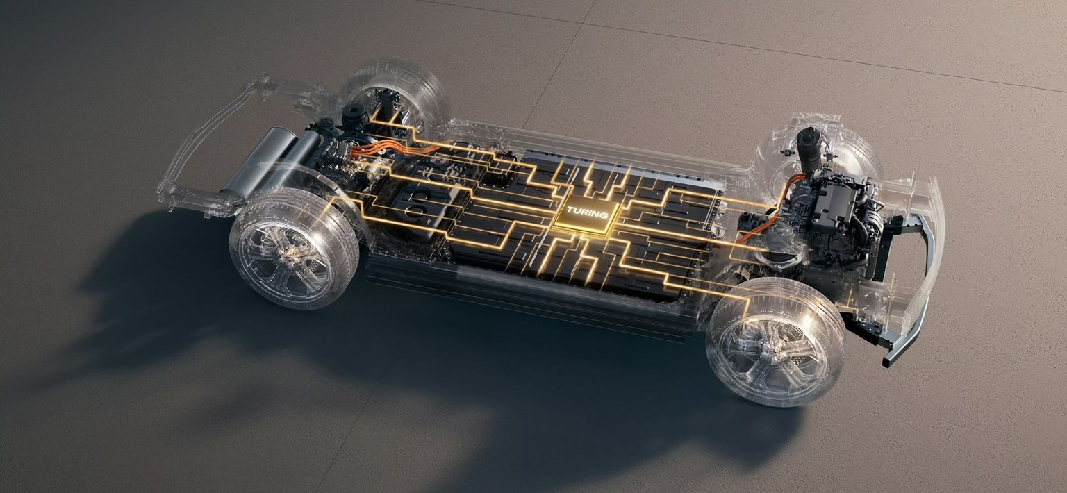 Transparent render of the XPENG G9L chassis with the glowing Turing AI chip and golden signal traces