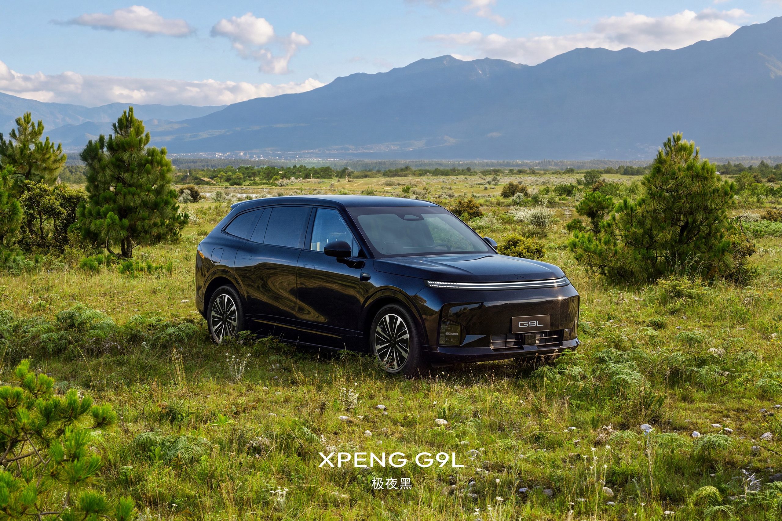 XPENG G9L in Polar Night Black, front three-quarter view in a mountain meadow with pine shrubs