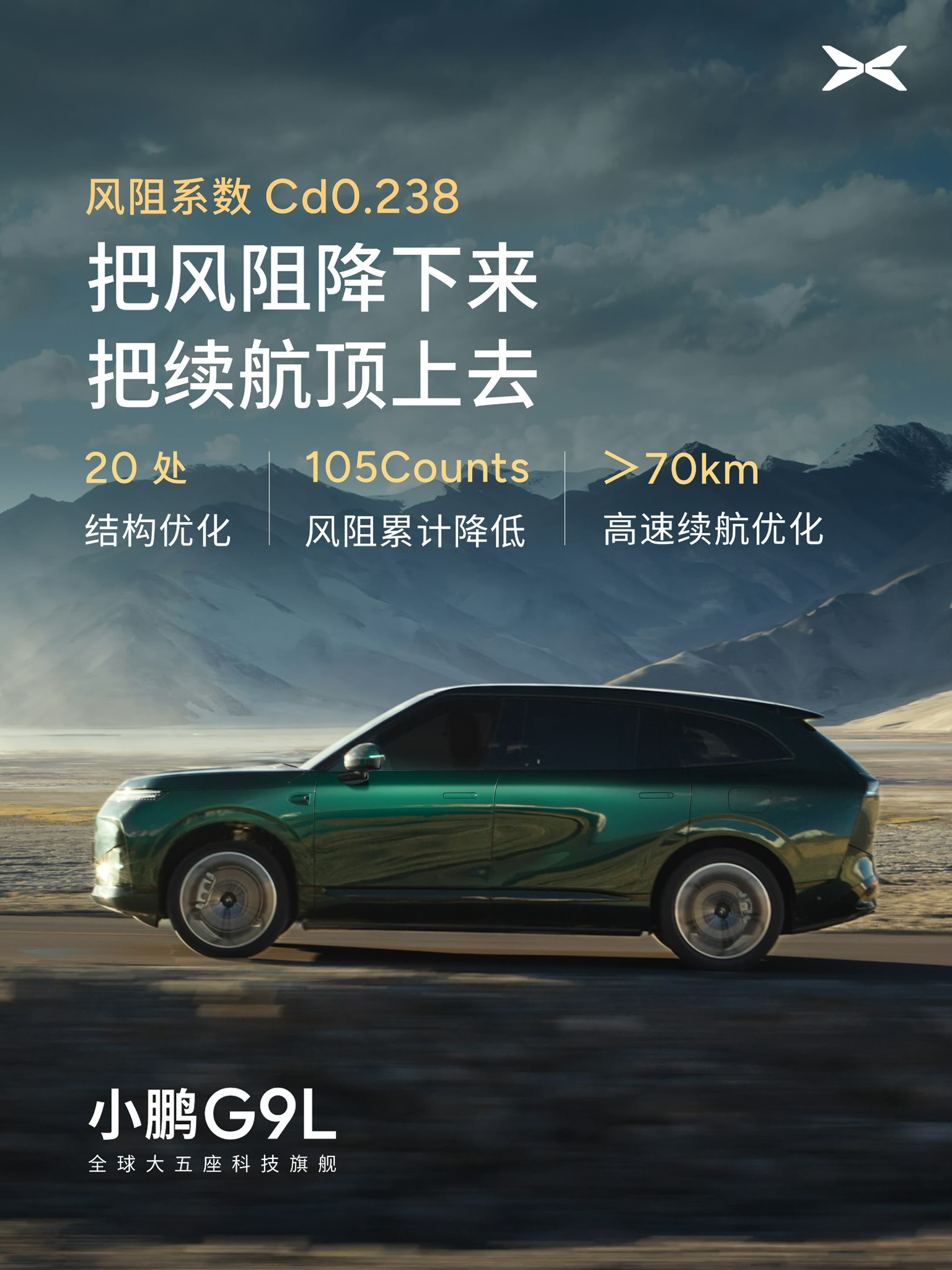 XPENG G9L sideprofil i Toscana-grøn