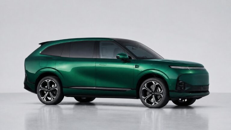 XPENG G9L side profile in Toscana Green — studio