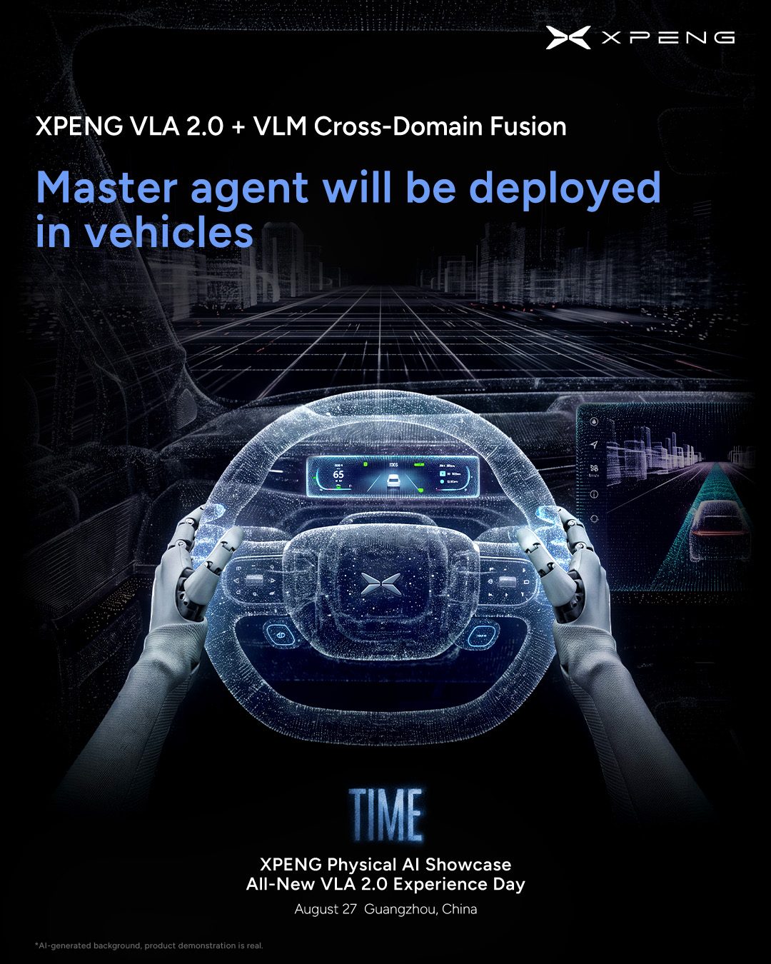 Official English TIME poster - robotic hands on the wheel, Master Agent on the car