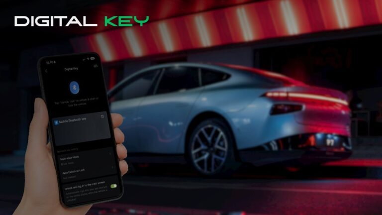 XPENG Digital Key Bluetooth setup on the phone app beside an XPENG sedan at night