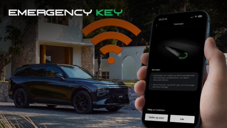 XPENG Emergency Key (NFC card) setup on the phone app beside an XPENG G9