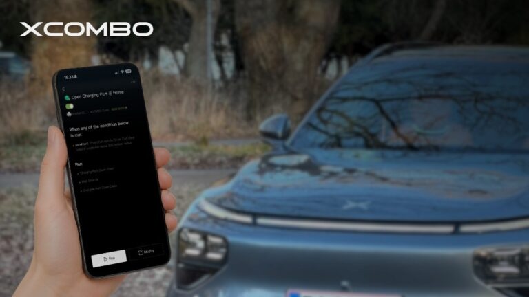 XPENG XCOMBO automation on the phone app in front of an XPENG SUV
