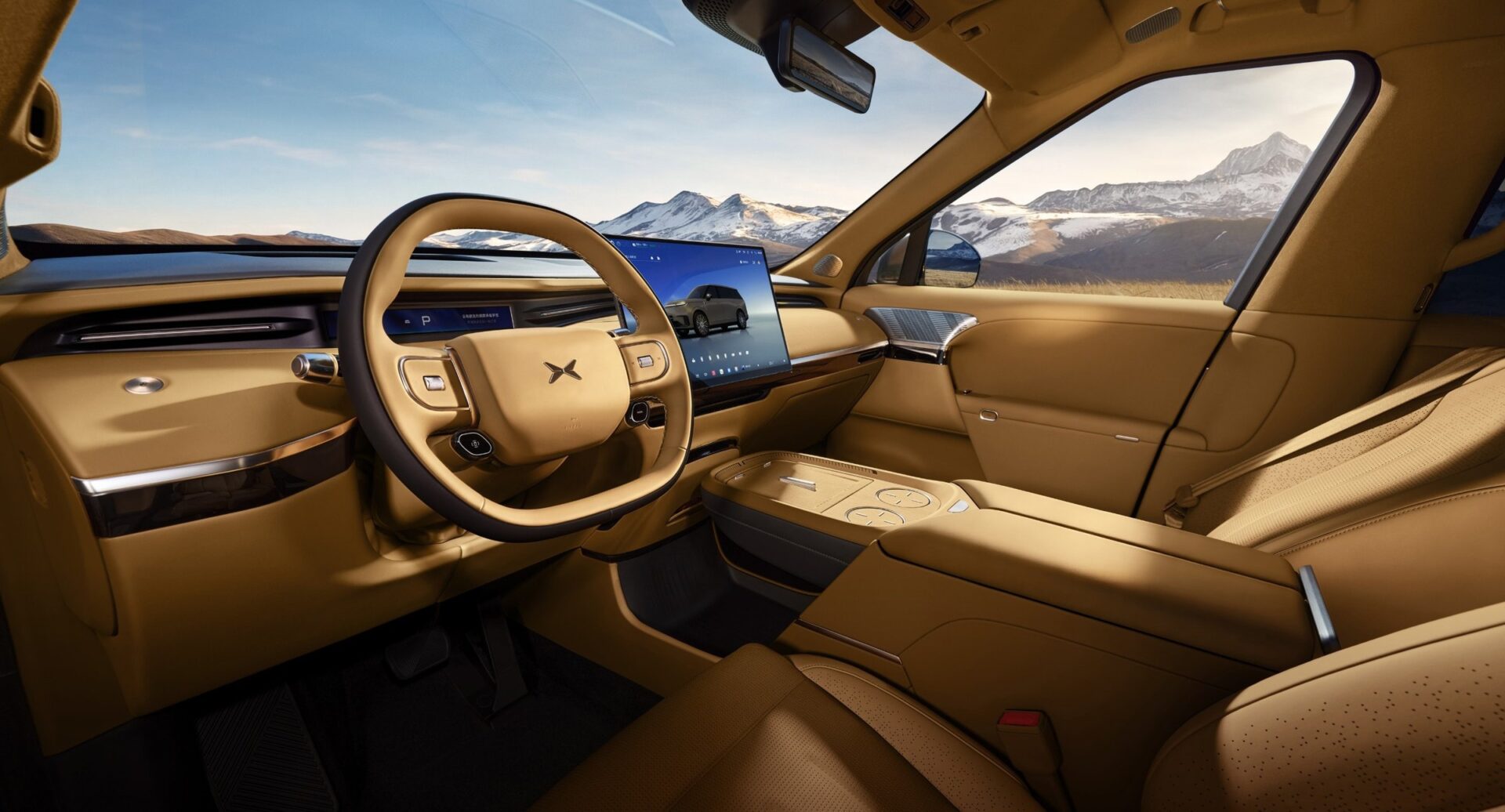 XPENG GX steer-by-wire cockpit with AR-HUD and 17.3″ centre screen