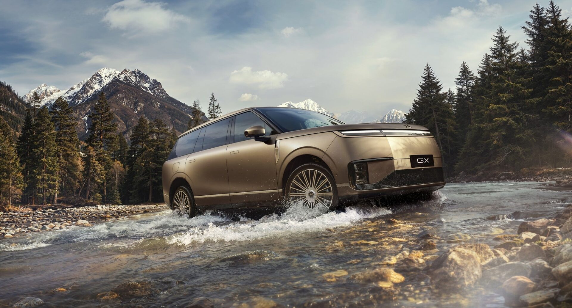 XPENG GX wading through a mountain stream - all-weather stability system