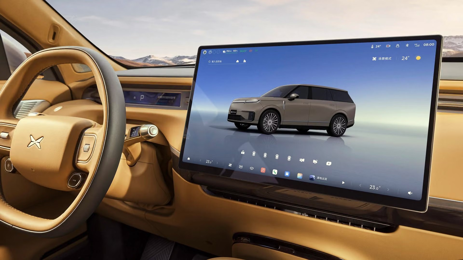 XPENG GX centre screen and steering wheel in tan interior