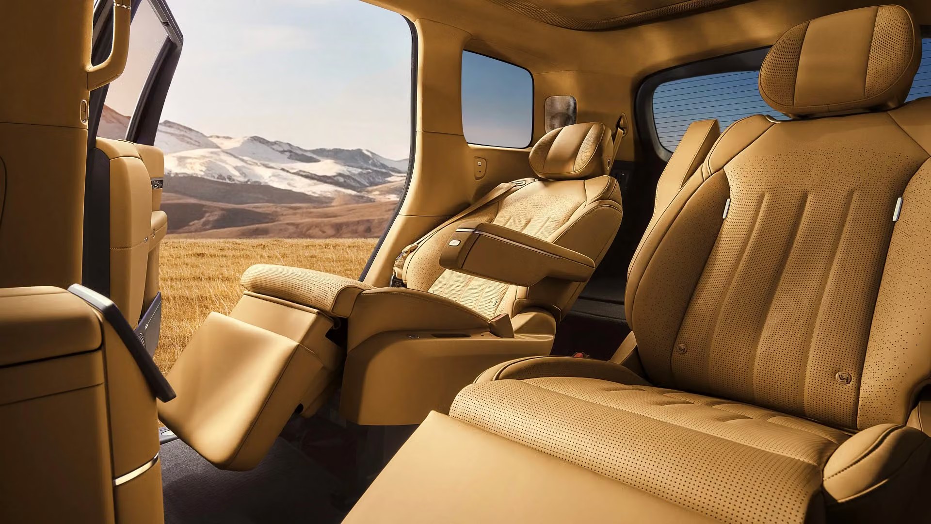 XPENG GX second-row captain seats reclined with mountain view