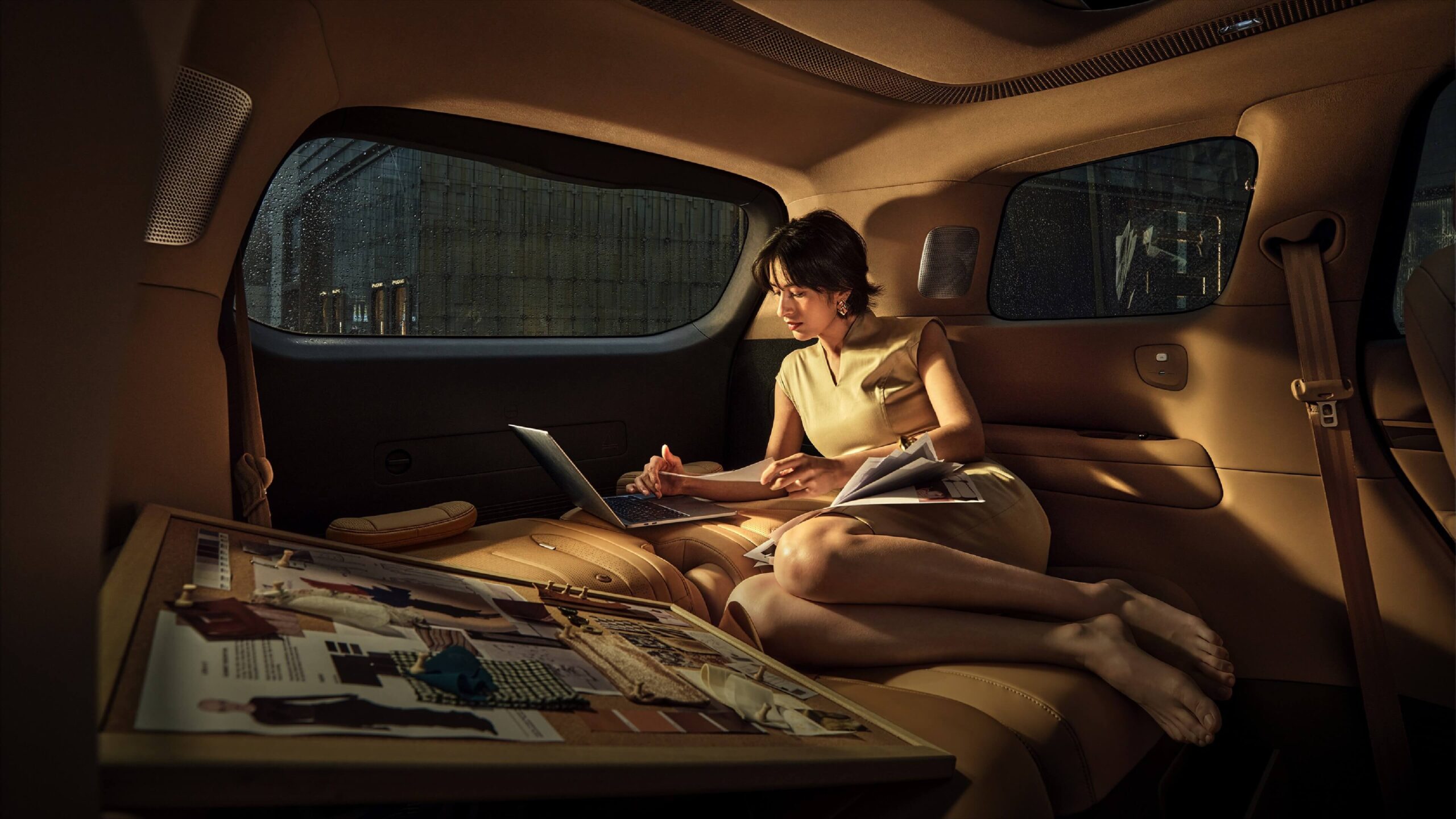 XPENG GX flat-fold cabin used as a lounge workspace