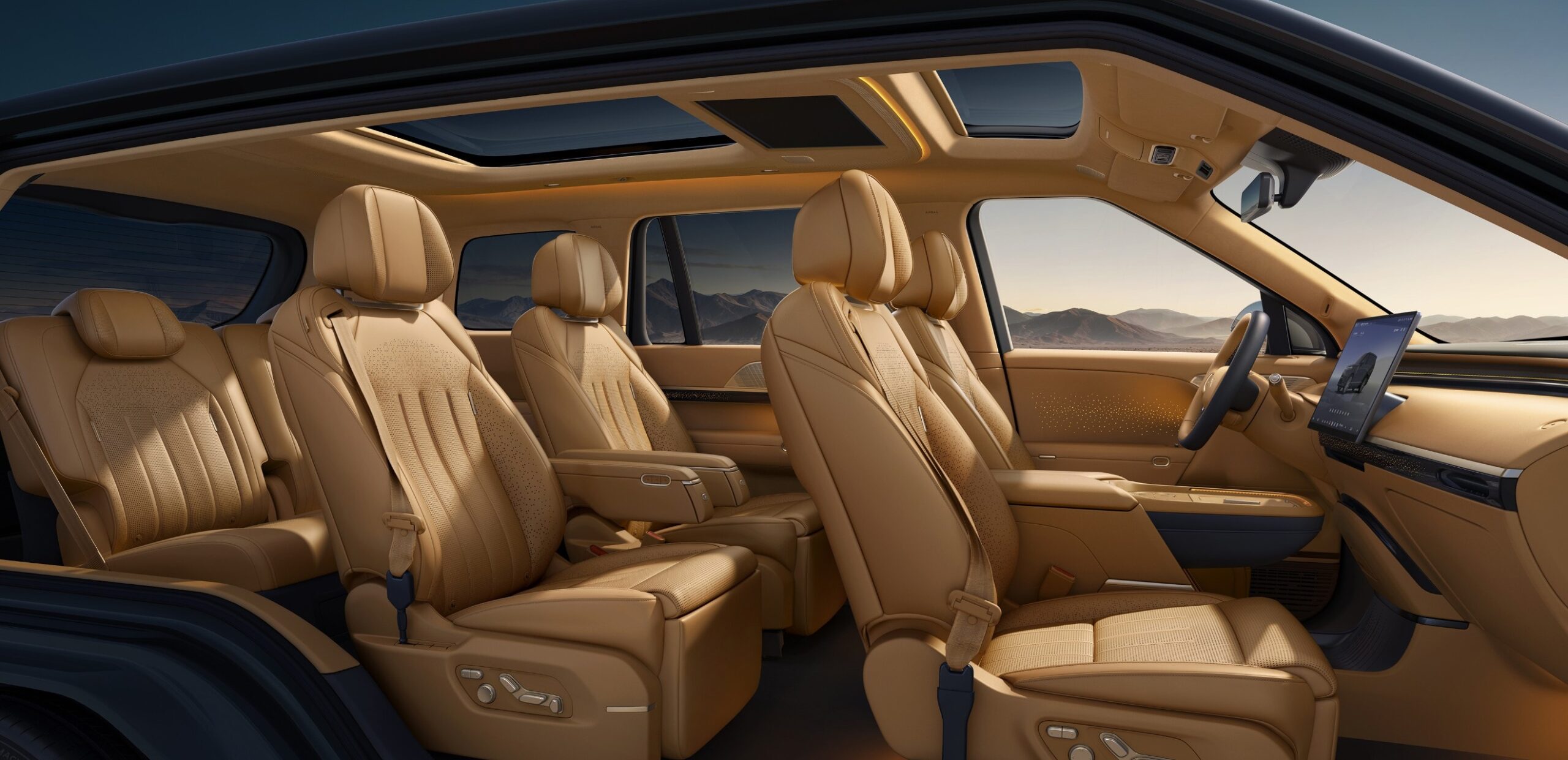 XPENG GX six-seat tan interior layout