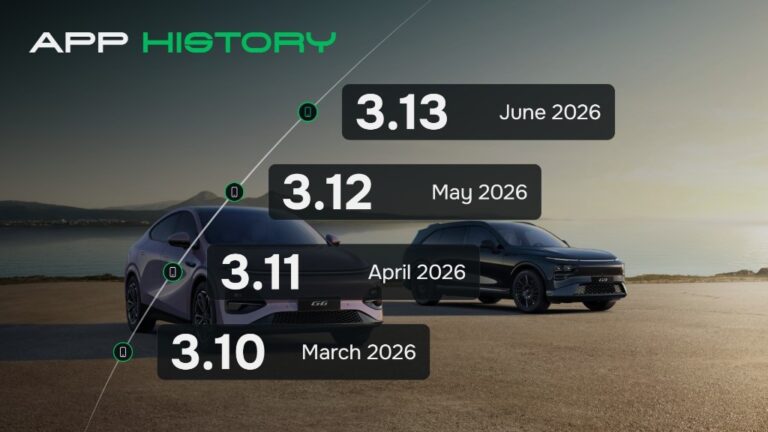 App history hub card - XPENG App version timeline with G6 and G9