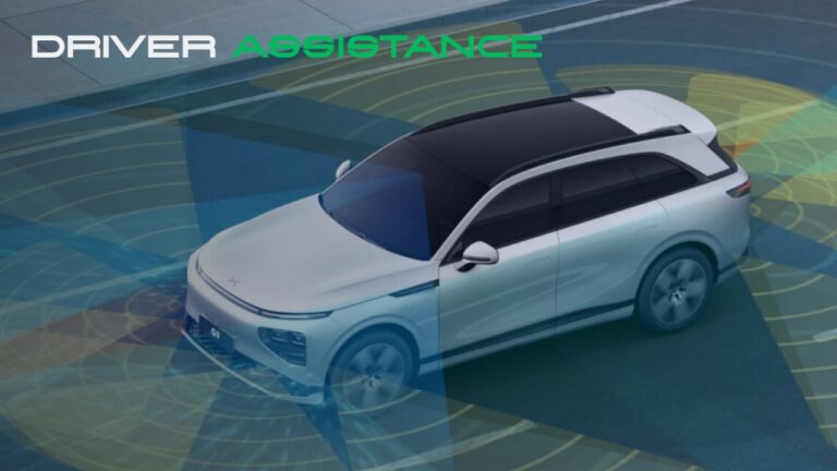 Driver assistance hub card - XPENG G9 seen from above with sensor fields drawn around it