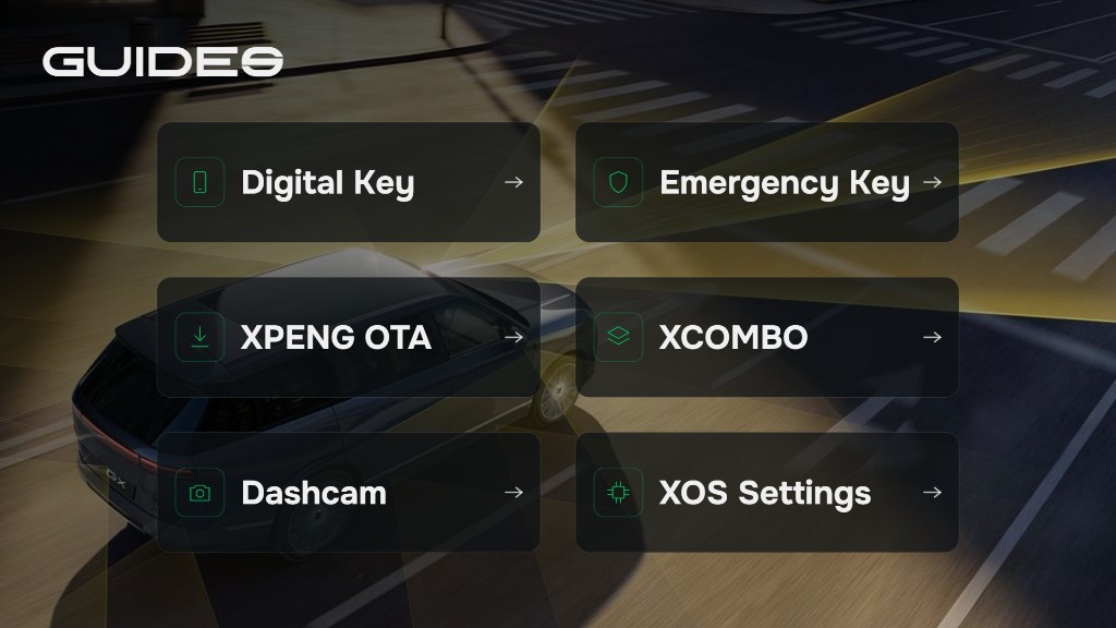 Guides hub-kort - ejerguide-emner på XPENG G9