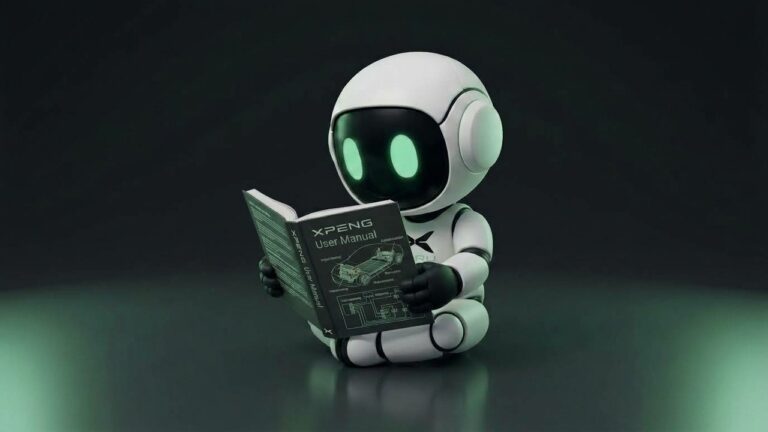 Manuals hub card - XPENG GURU mascot reading an XPENG user manual (dark mode)