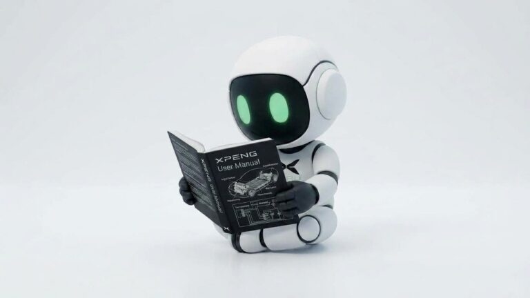 Manuals hub card - XPENG GURU mascot reading an XPENG user manual (light mode)