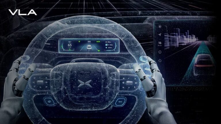 VLA hub card - robotic hands on an XPENG steering wheel, from XPENG's own VLA 2.0 poster