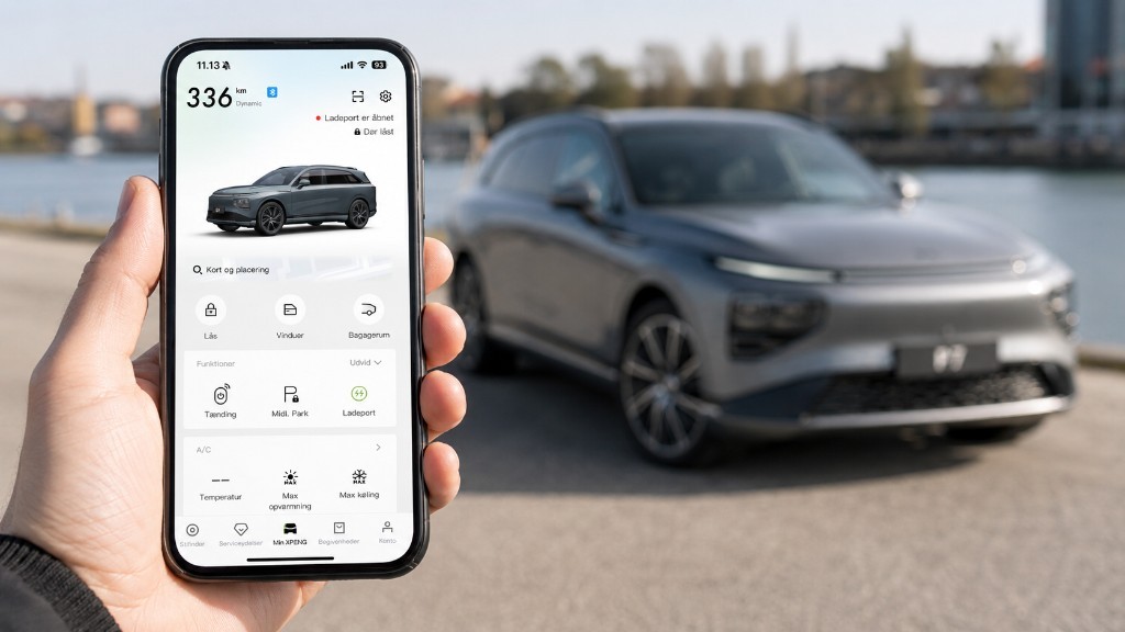 XPENG App v2 - pre-3.0 app on phone with XPENG SUV outdoors