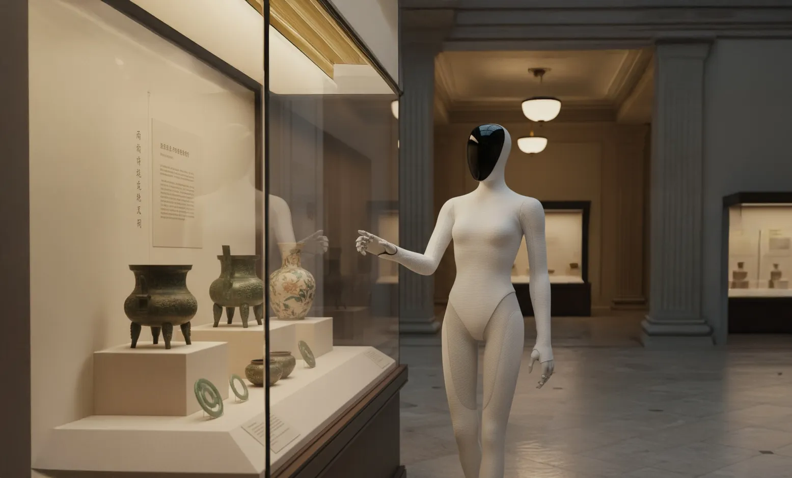 Illustration of IRON beside a display case of museum objects