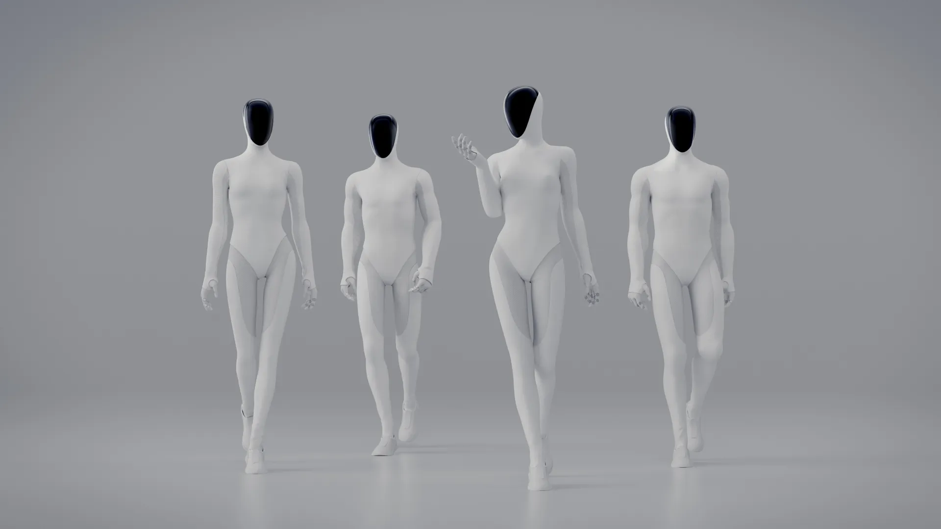 Four white IRON figures with different body shapes against a grey background