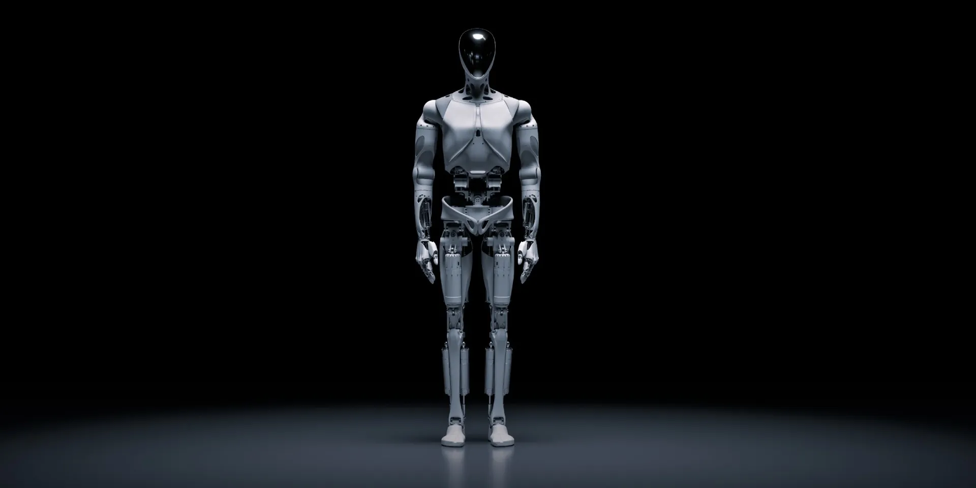 Front view of IRON against a black background with mechanisms visible between white body panels