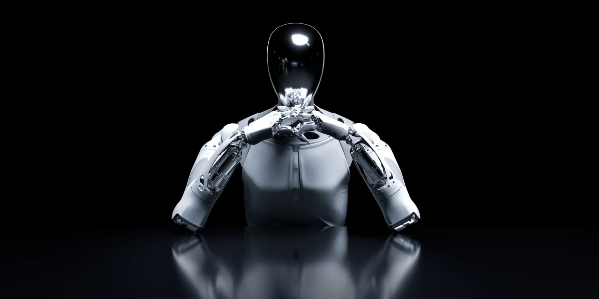 IRON with its hands together in front of its head and exposed forearm mechanisms