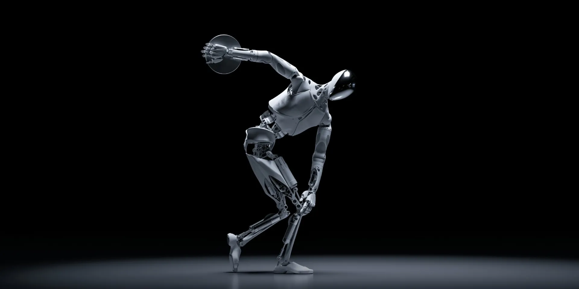 Presentation image of IRON in a bent pose holding a discus in its raised hand