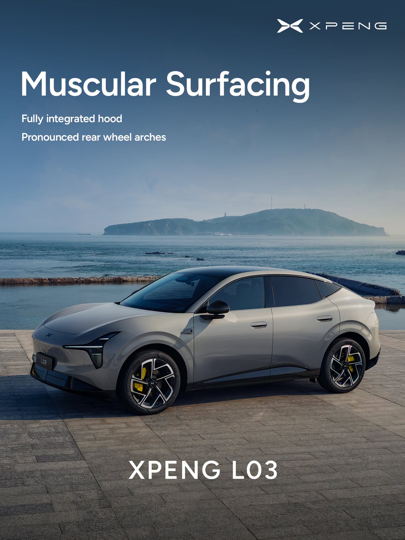 XPENG L03 muscular surfacing - integrated hood and pronounced rear wheel arches