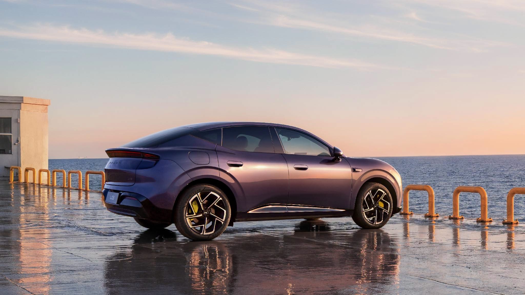 XPENG L03 rear quarter view at sunset