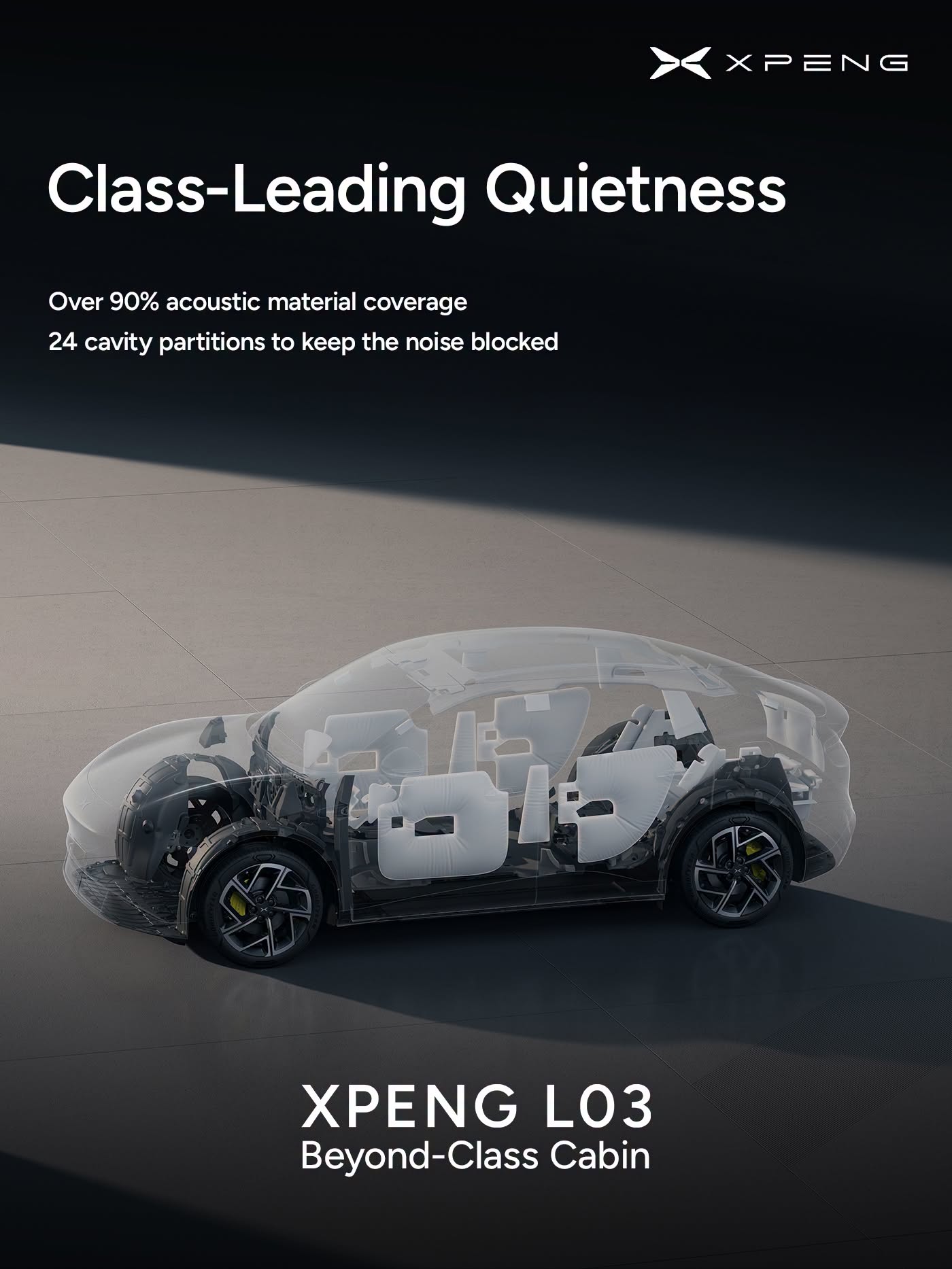 XPENG L03 acoustic cutaway - over 90% acoustic coverage, 24 cavity partitions
