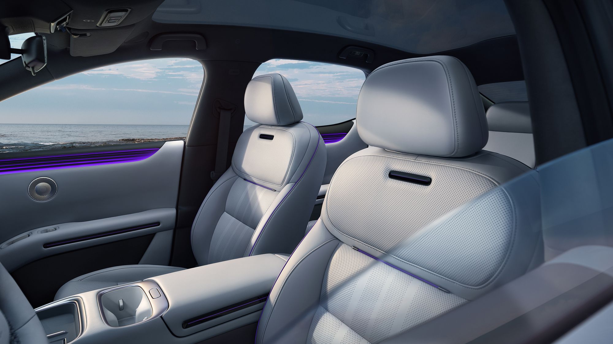 XPENG L03 headrest speakers in a light gray interior