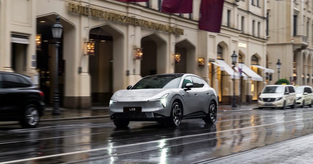 XPENG L03 in silver on a wet Munich street
