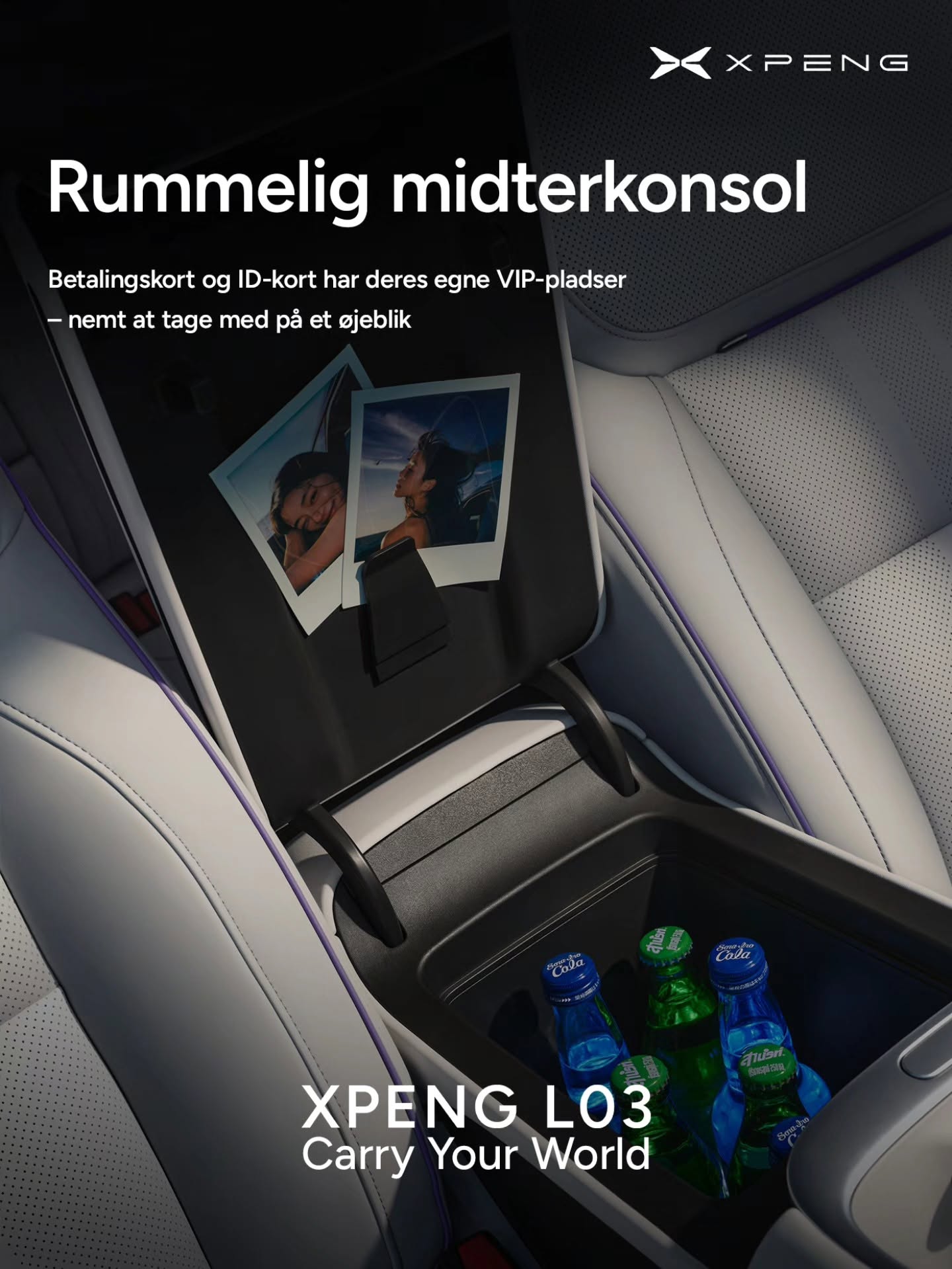 XPENG L03 rummelig midterkonsol med plads til betalingskort og ID-kort