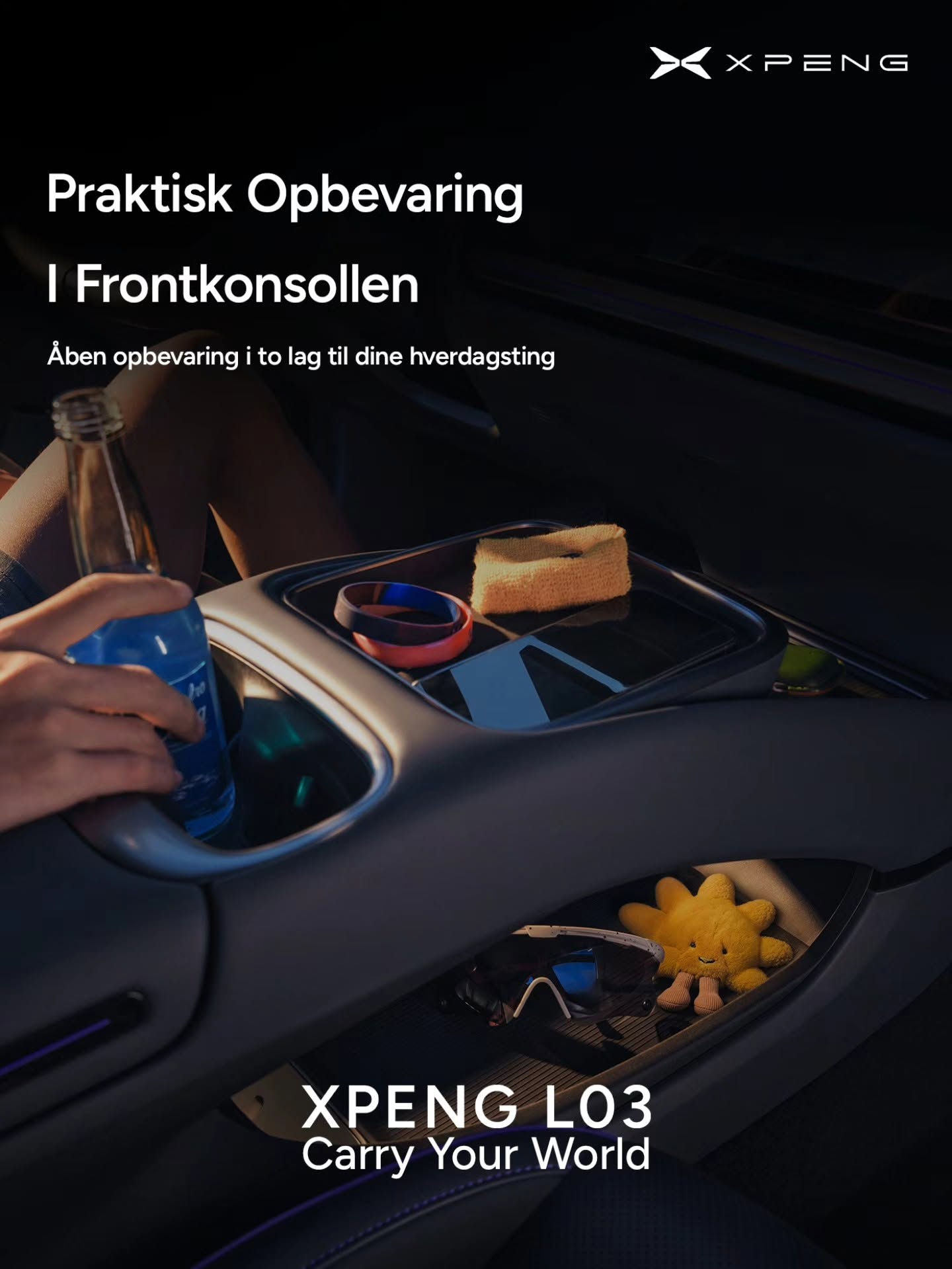 XPENG L03 åben opbevaring i to lag i frontkonsollen