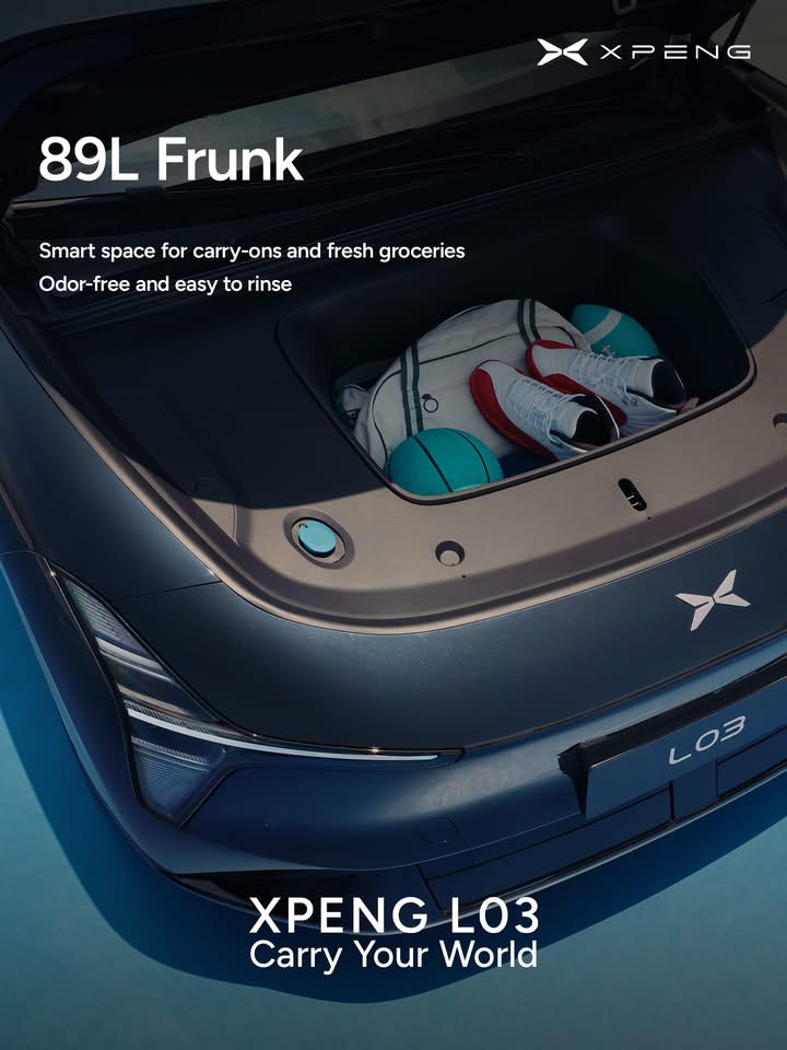 XPENG L03 89 litre frunk with washable liner