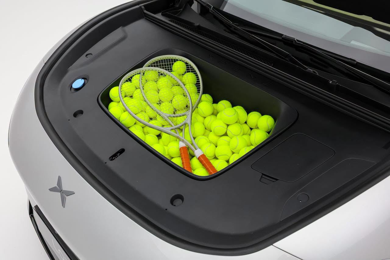 XPENG L03 frunk filled with tennis balls and rackets