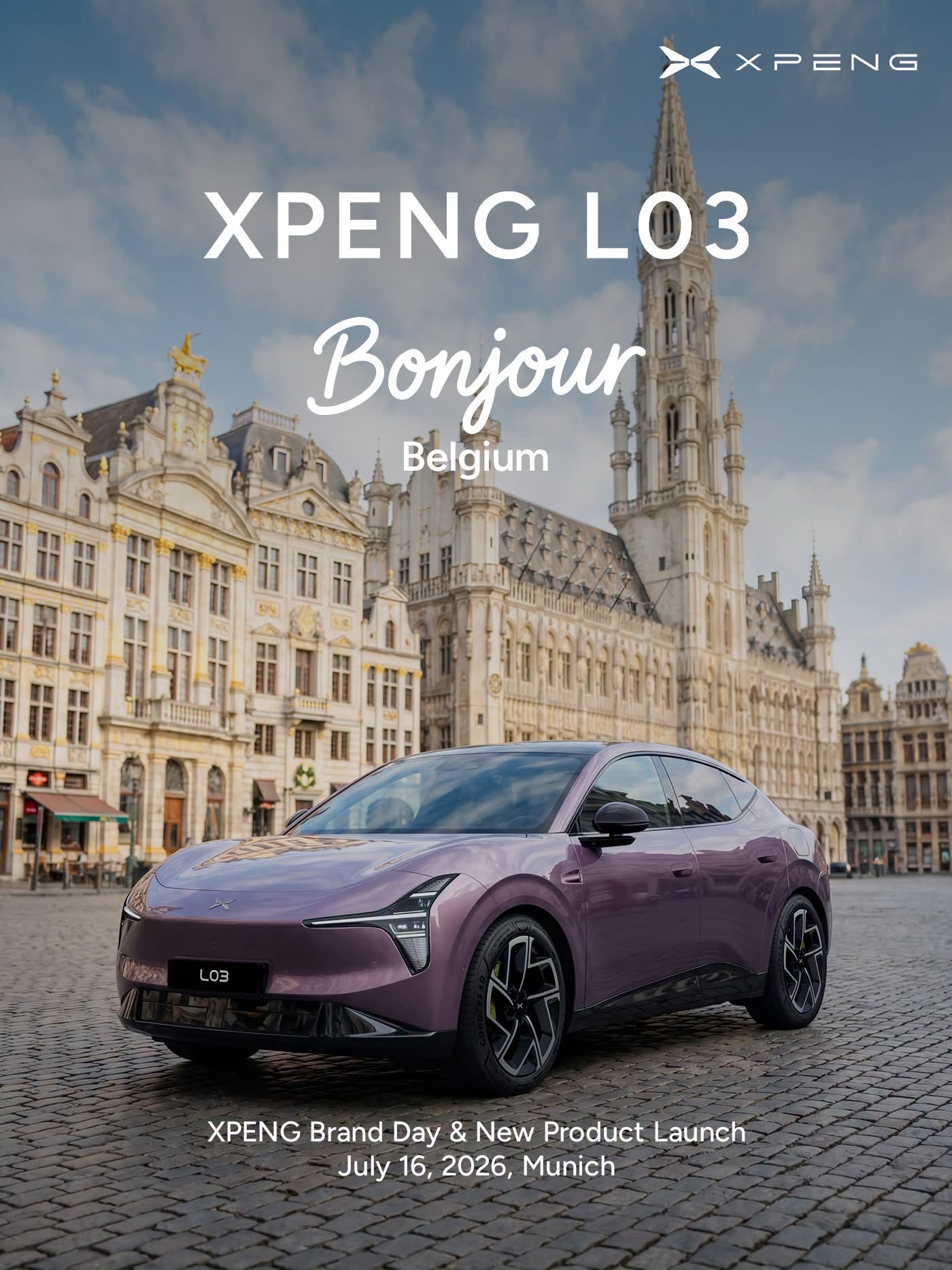 XPENG L03 at the Grand-Place, Brussels - Bonjour Belgium launch teaser