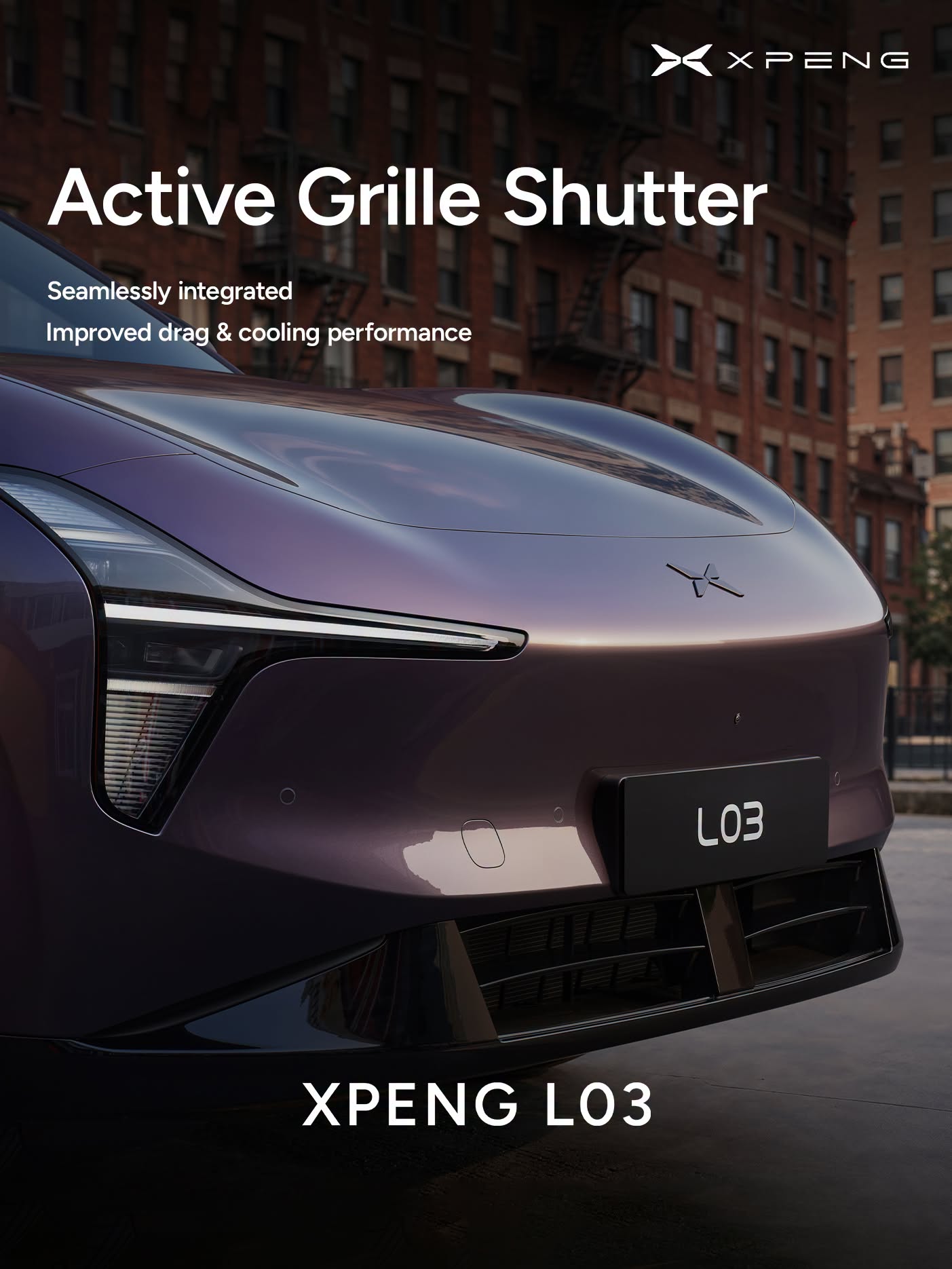 XPENG L03 active grille shutter - improved drag and cooling performance