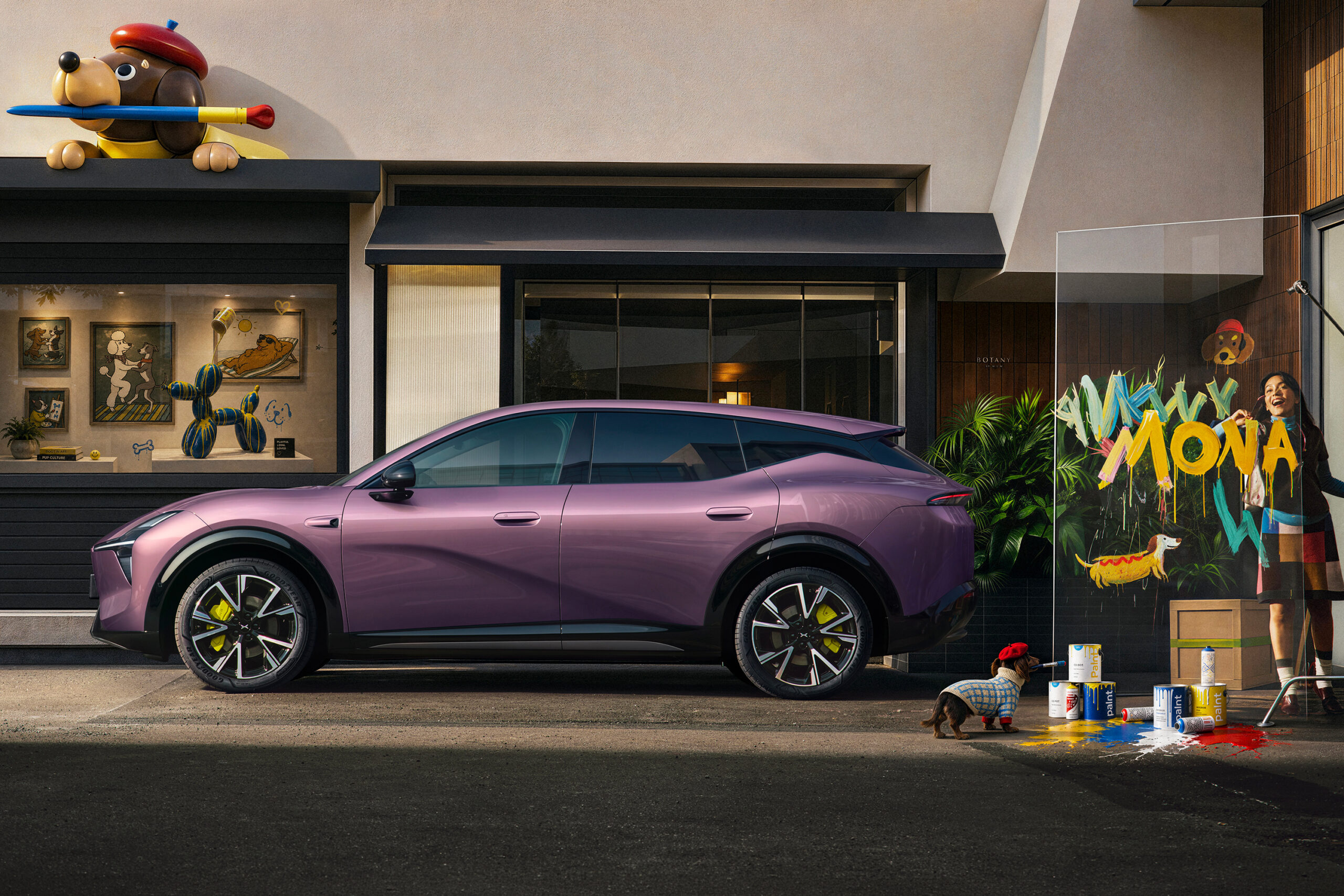 Purple L05 in side profile outside a shop