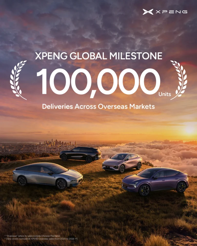 XPENG graphic for 100,000 deliveries outside China: four models on a hillside above a city at sunset