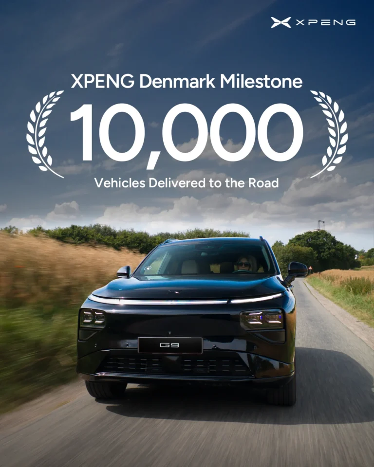 XPENG Denmark milestone graphic: 10,000 vehicles delivered, a black G9 on a country road