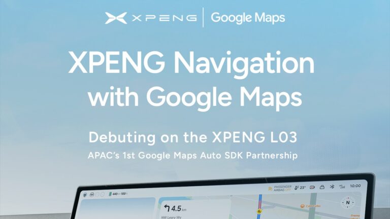 XPENG Navigation with Google Maps, debuting on the XPENG L03 - XPENG and Google Maps logos above an L03 centre screen