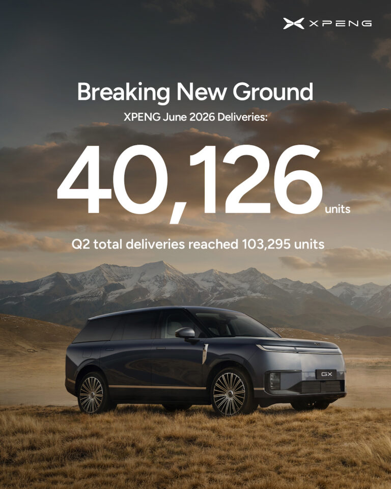 XPENG graphic for June 2026 deliveries: 40,126 units, with a blue GX on a mountain plain
