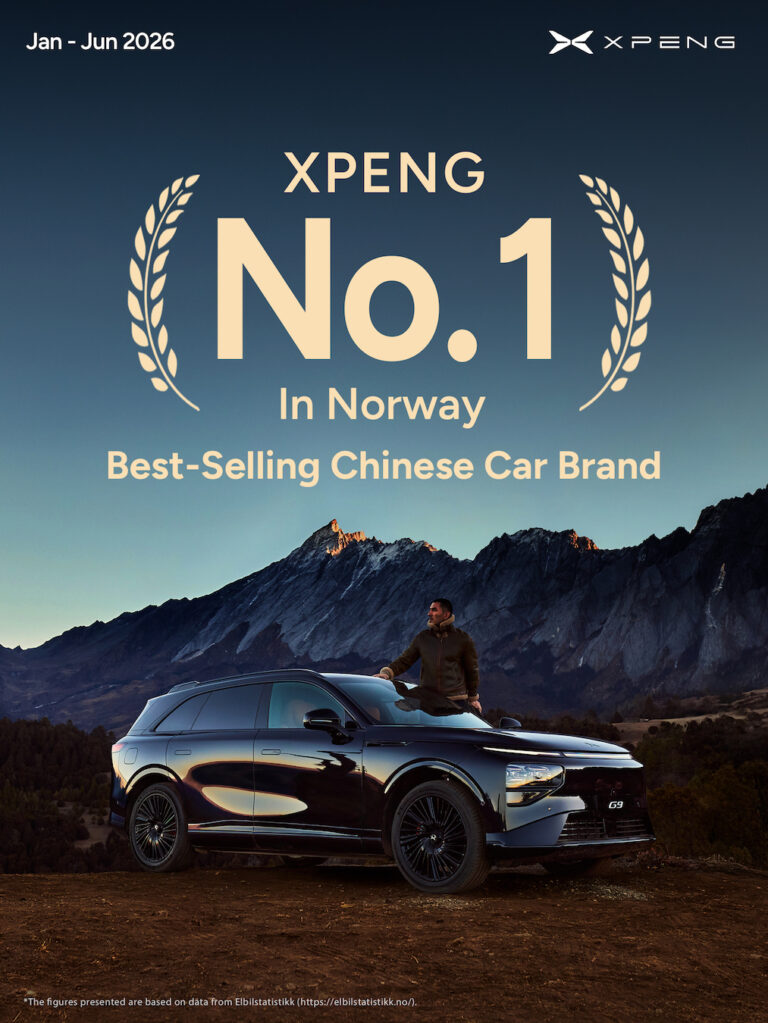 XPENG graphic: No. 1 in Norway, best-selling Chinese car brand January to June 2026, with a black G9 below a mountain