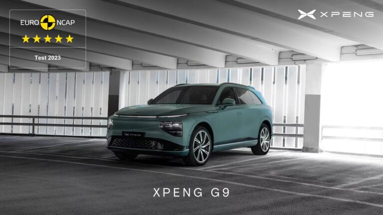 Sage green XPENG G9 in a daylit car park with a Euro NCAP five-star Test 2023 badge