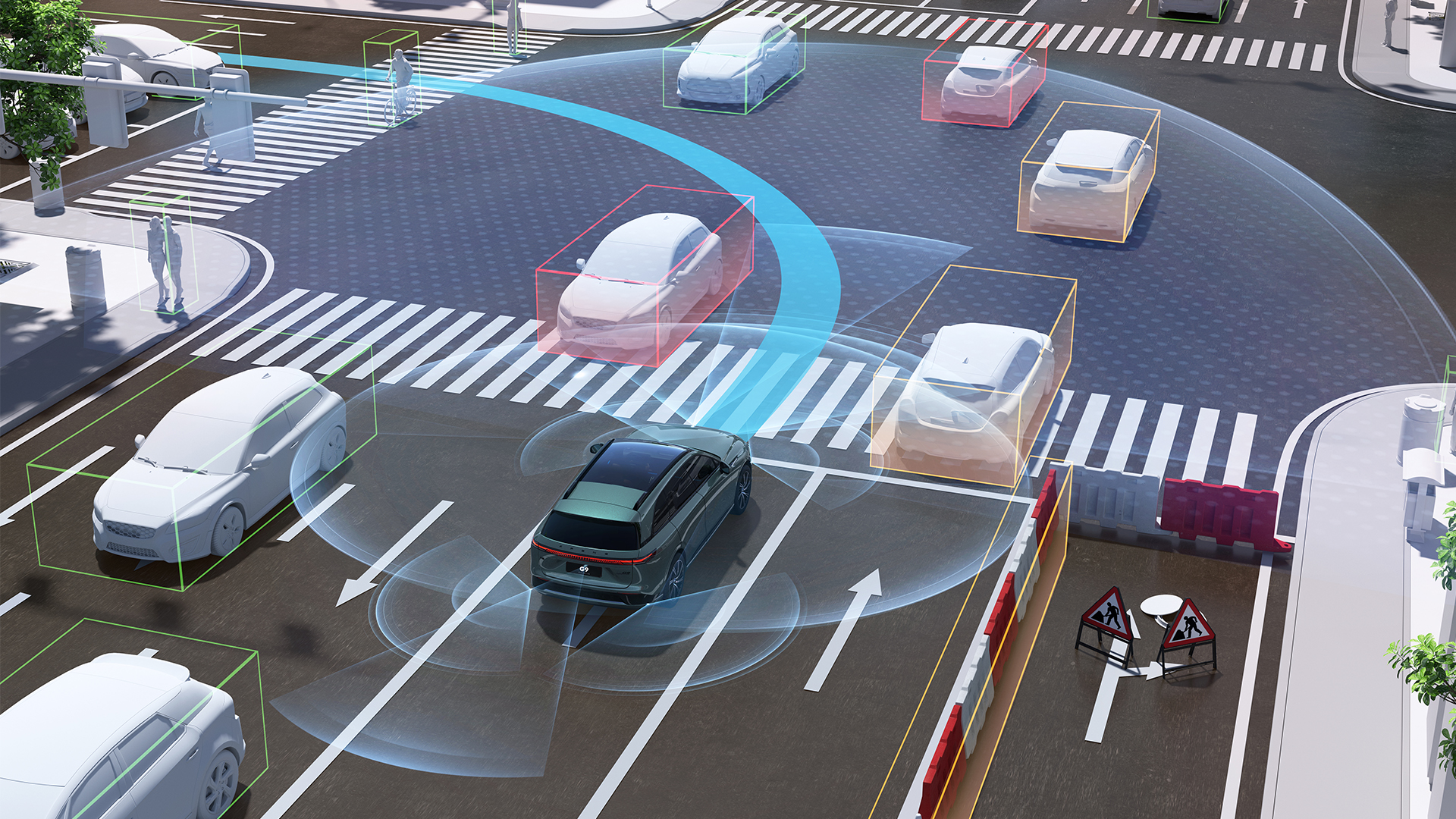 XNGP-visualisering set oppefra: en mørkegrøn XPENG G9 i et kryds med den øvrige trafik i farvede kasser og en blå planlagt rute