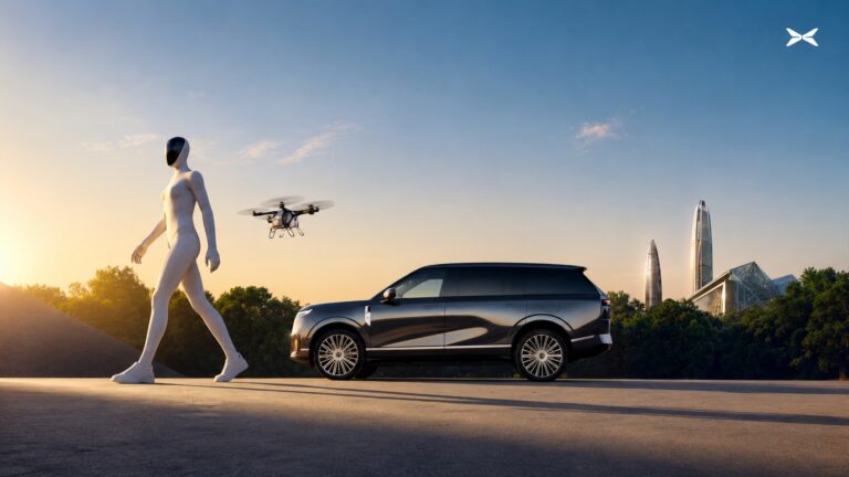 Composite image of a white humanoid robot walking beside a dark XPENG X9, with a small aircraft hovering and a city skyline behind