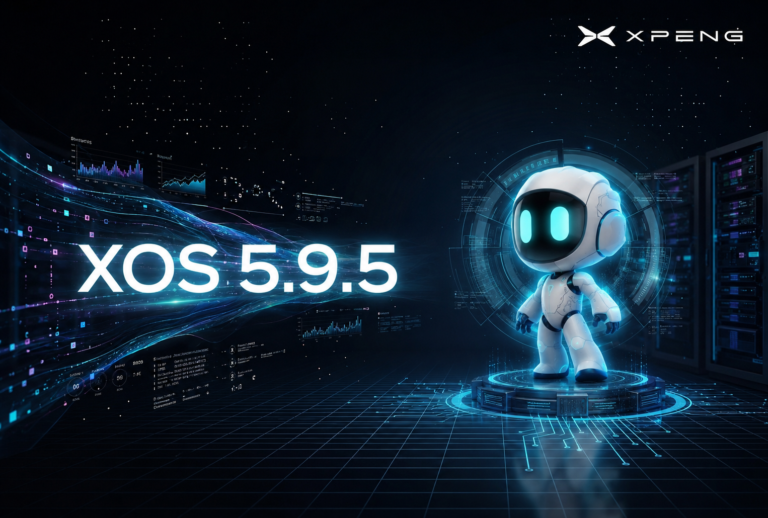 Key visual on a dark blue technical background with the words XOS 5.9.5 at left and the white XPENG robot mascot on a lit pedestal at right
